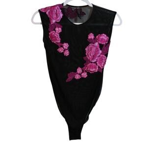 Anne Summers The Feminine Body Black Mesh Embroidered Floral Bodysuit Size S